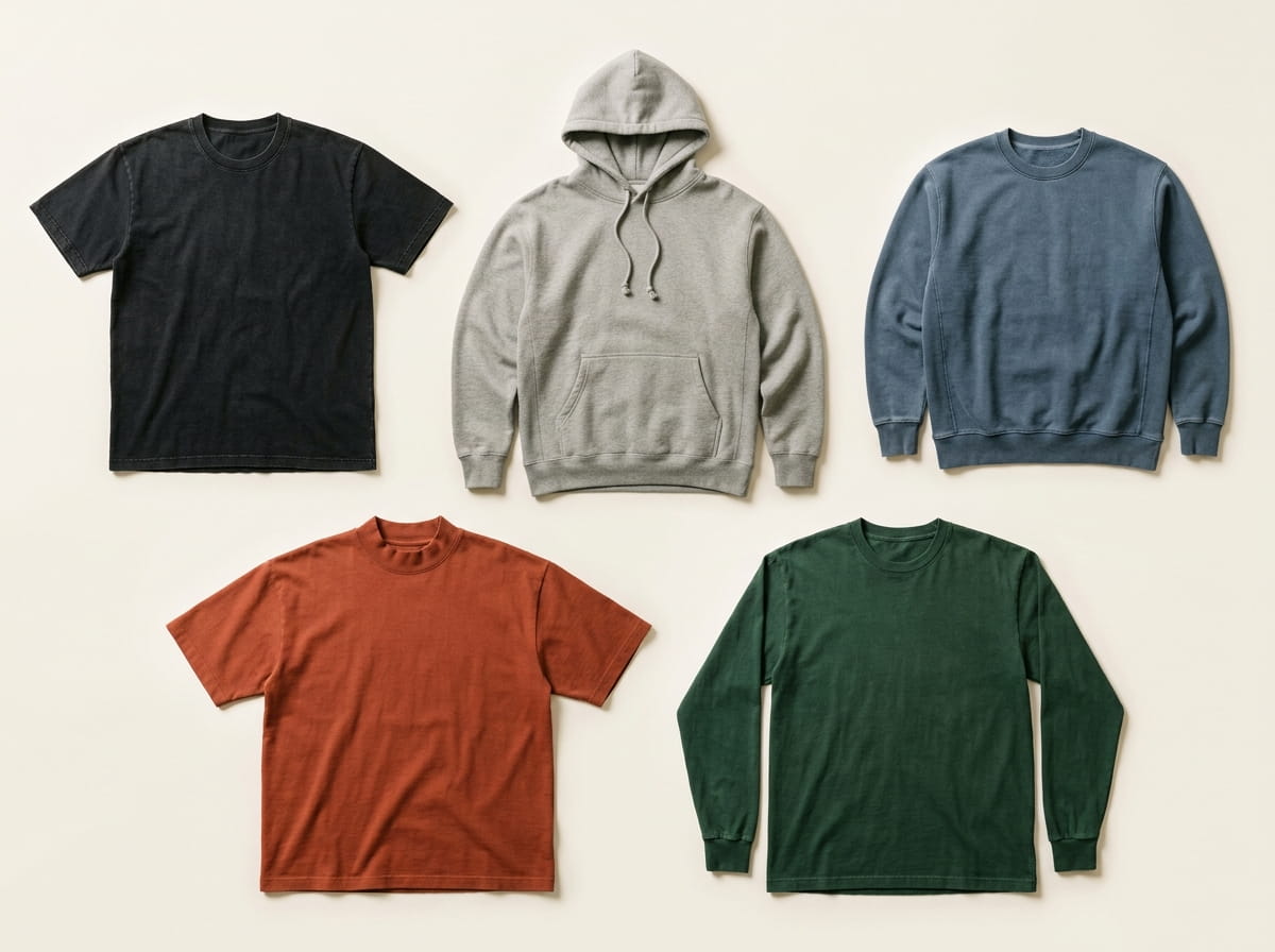 Los Angeles Apparel range — Garment-Dye Heavyweight Tee, Heavy Fleece Hoodie, Heavy Fleece Crewneck, Oversized Mock Tee, and Long-Sleeve GD Tee in a 3-2 grid flat-lay