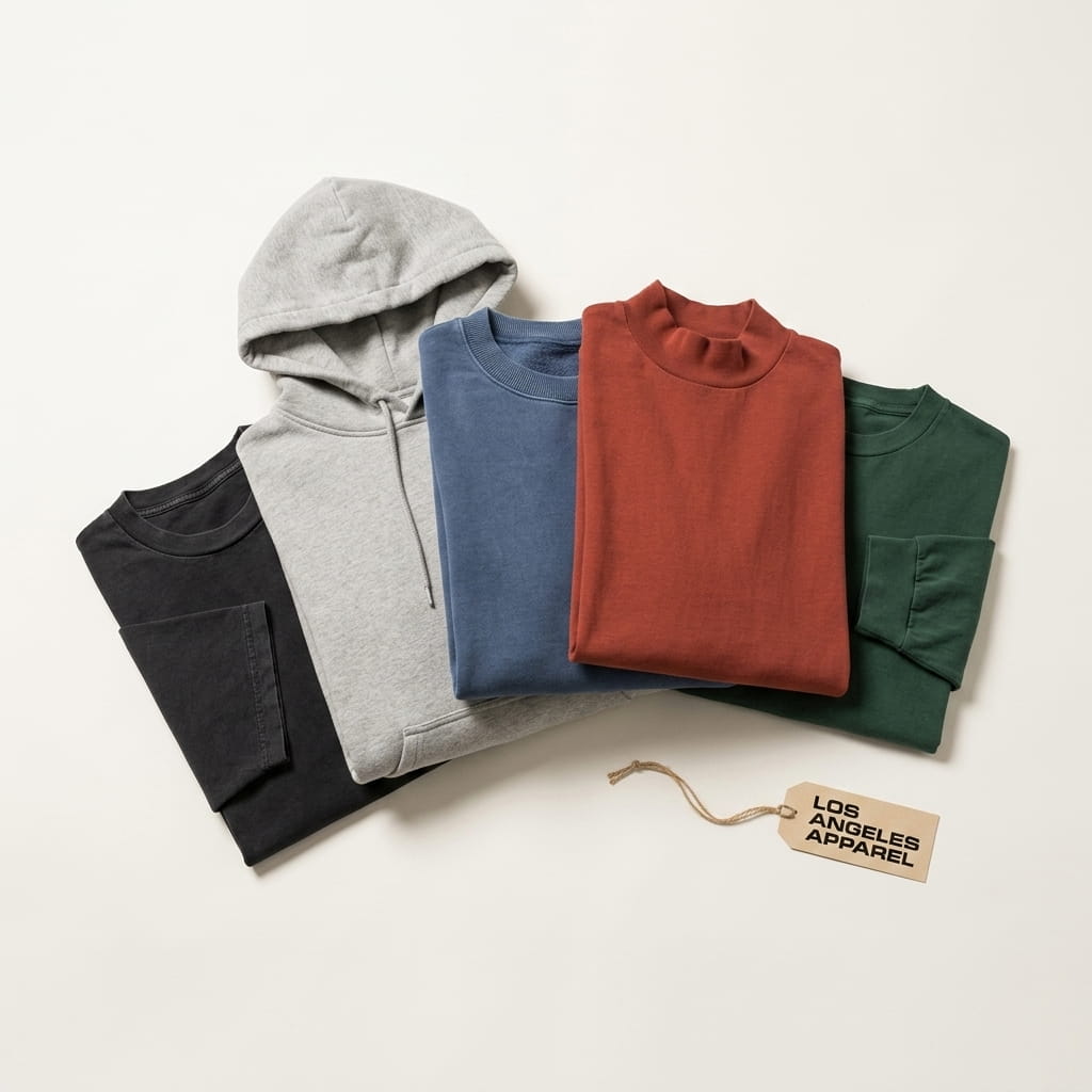 Los Angeles Apparel 5-piece flat-lay — garment-dye heavyweight tee, heavy fleece hoodie, heavy fleece crewneck, oversized mock tee, and long-sleeve garment-dye tee on a clean studio background
