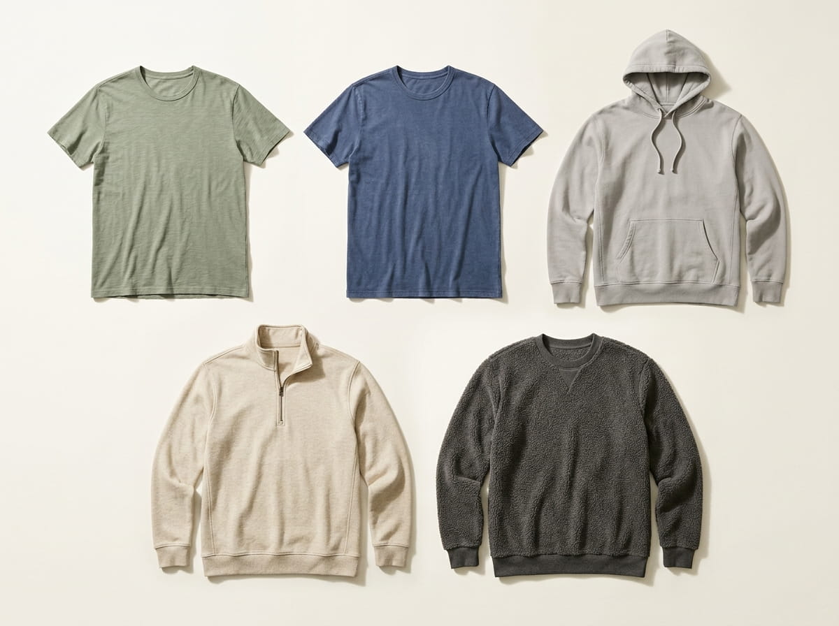 Marine Layer range — Signature Crew Tee, Spun Re-Spun Crew Tee, Sunset Pullover Hoodie, Corbet Quarter-Zip Pullover, and Sherpa Crew Pullover in a 3-2 grid flat-lay