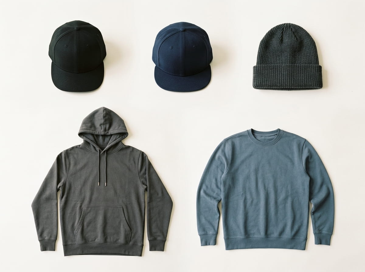 New Era range — Structured Fitted Cap, Flat-Bill Snapback, Knit Beanie, French Terry Hoodie, and French Terry Crew in a 3-2 grid flat-lay