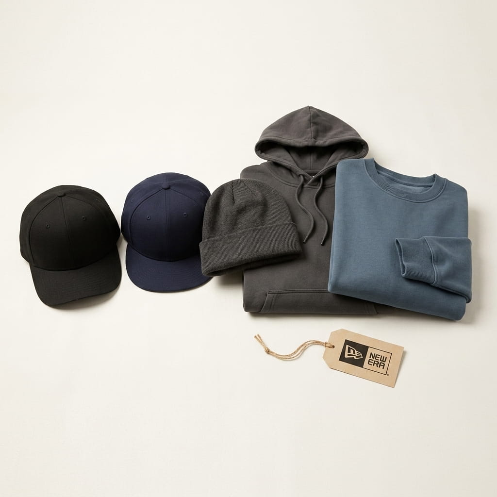 New Era 5-piece flat-lay — structured fitted cap, flat-bill snapback, knit beanie, French Terry hoodie, and French Terry crew on a clean studio background