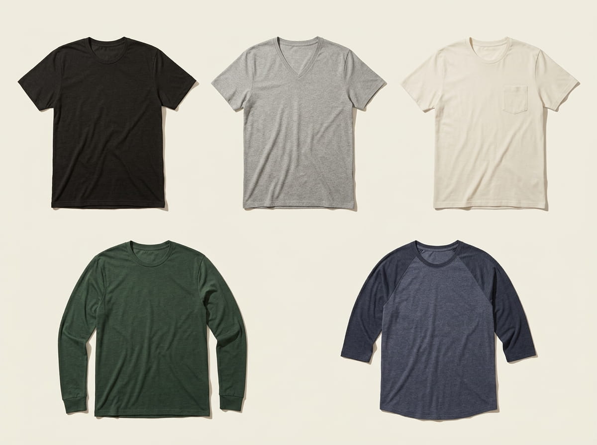 Next Level range — Tri-Blend Crew Tee, Combed Ringspun V-Neck Tee, Women's Triblend Dolman, Women's Racerback Tank, and Tri-Blend Baseball Raglan in a 3-2 grid flat-lay