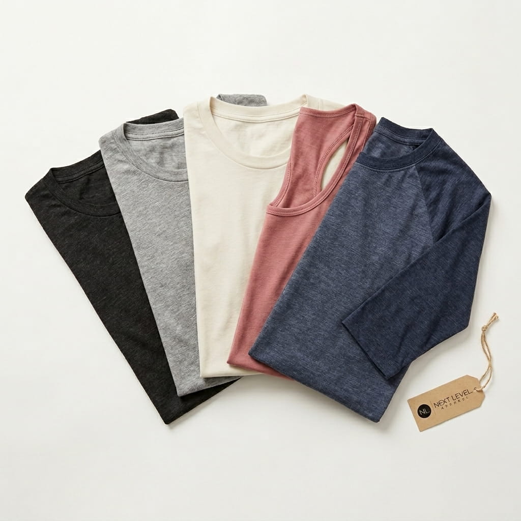Next Level 5-piece flat-lay — ultra-soft tri-blend crew tee, premium CVC crew tee, combed ringspun cotton premium-jersey crew tee, women's racerback tank, and tri-blend baseball raglan tee on a clean studio background