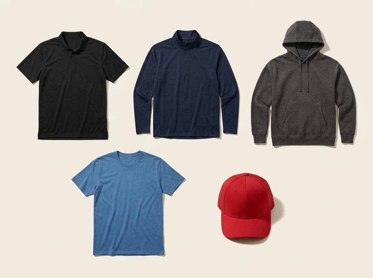 Nike range — Dri-FIT Performance Polo, Performance 1/2-Zip, Club Fleece Hoodie, Core Cotton Tee, and Performance Cap in a 3-2 grid flat-lay
