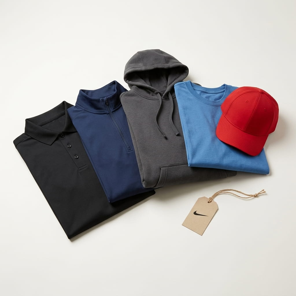 Nike 5-piece flat-lay — Dri-FIT performance polo, performance 1/2-zip cover-up, Club Fleece hoodie, Core Cotton tee, and performance cap on a clean studio background