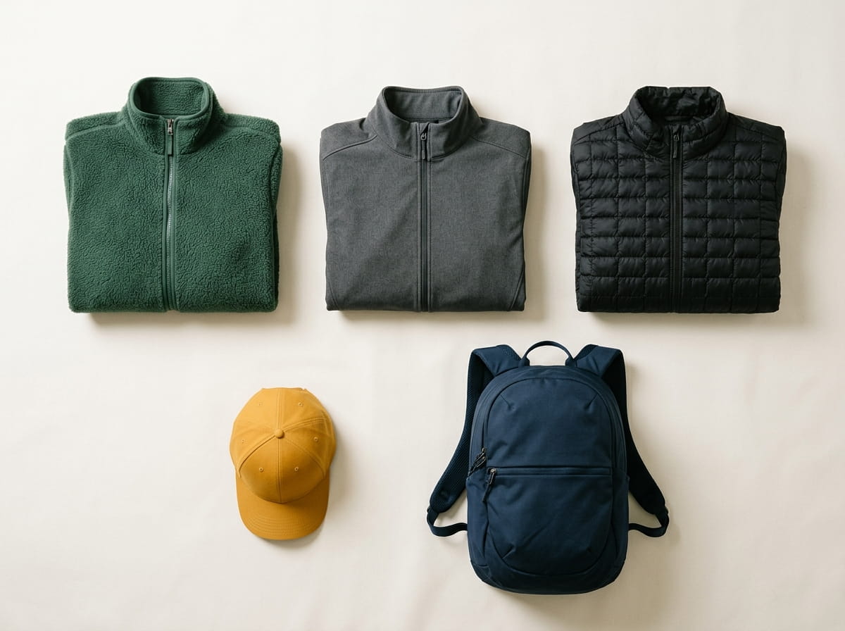 North Face range — Full-Zip Fleece Jacket, Apex Soft Shell Jacket, ThermoBall Insulated Jacket, Sweater Fleece Vest, and DryVent Rain Shell Jacket in a 3-2 grid flat-lay