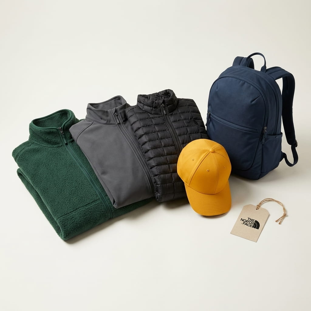 North Face 5-piece flat-lay — recycled full-zip fleece jacket, Apex soft shell jacket, ThermoBall insulated jacket, sweater fleece vest, and DryVent rain shell jacket on a clean studio background