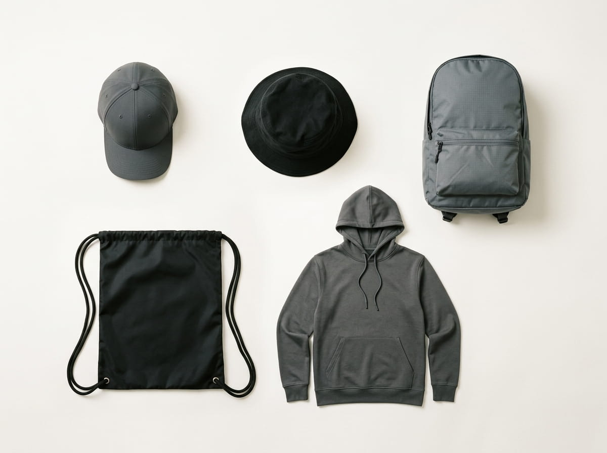Oakley range — Pro-Formance Structured Cap, Bucket Hat, 20L Street Backpack, Drawstring Bag, and Hydrolix Hooded Sweatshirt in a 3-2 grid flat-lay