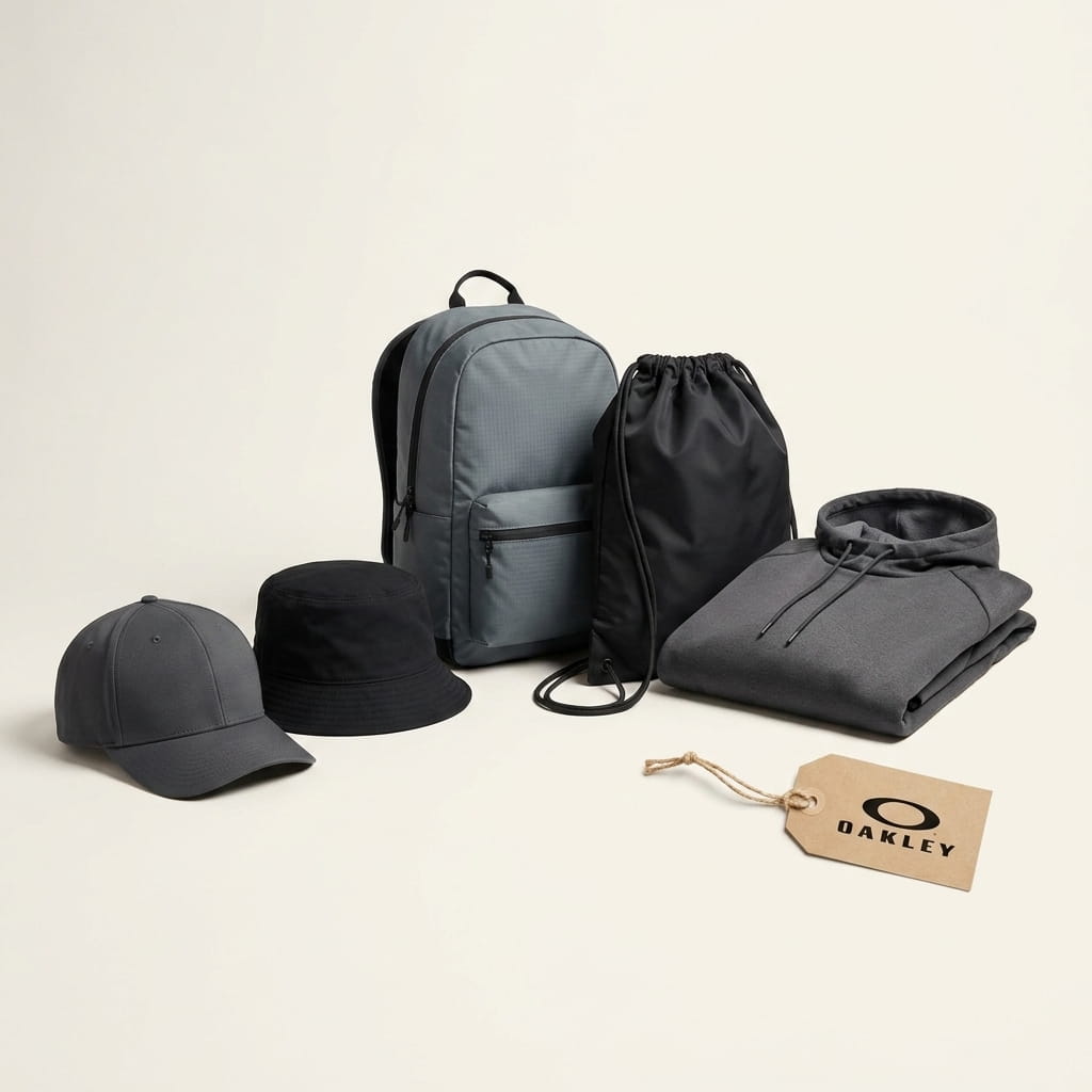 Oakley 5-piece flat-lay — Pro-Formance structured cap, Team Issue bucket hat, 20L Street Backpack, drawstring cinch bag, and Hydrolix hooded sweatshirt on a clean studio background
