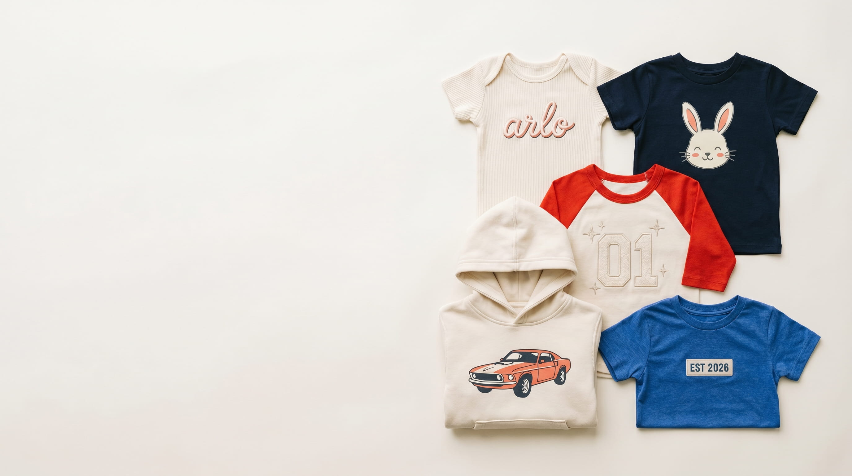 Five decorated toddler + infant apparel pieces arranged magazine-style flat-lay on a warm-white studio backdrop — cream baby-rib infant onesie with heritage flat-embroidered baby-name script, navy fine-jersey toddler tee with hand-drawn baby-bunny emblem, scarlet poly-cotton toddler raglan with heritage embroidered first-birthday numeral, cream fleece toddler hoodie with full-color DTG vintage muscle-car illustration, cobalt tri-blend toddler tee with heritage embroidered birth-year patch
