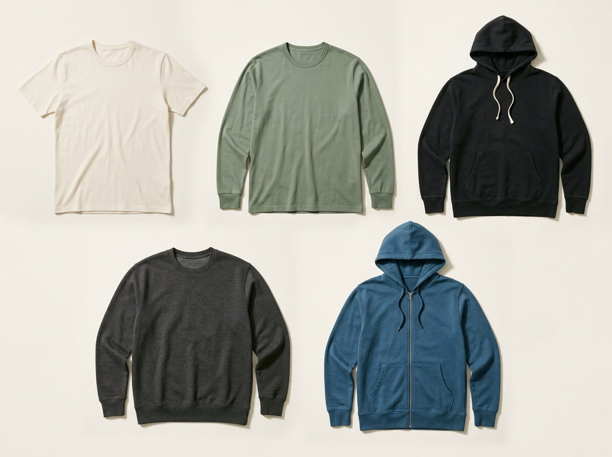 Original Favorites range — Supima Cotton Crew Tee, Supima Long-Sleeve Tee, Organic Cotton Pullover Hoodie, Organic Cotton Crewneck, and Ocean Organic Zip-Up Hoodie in a 3-2 grid flat-lay
