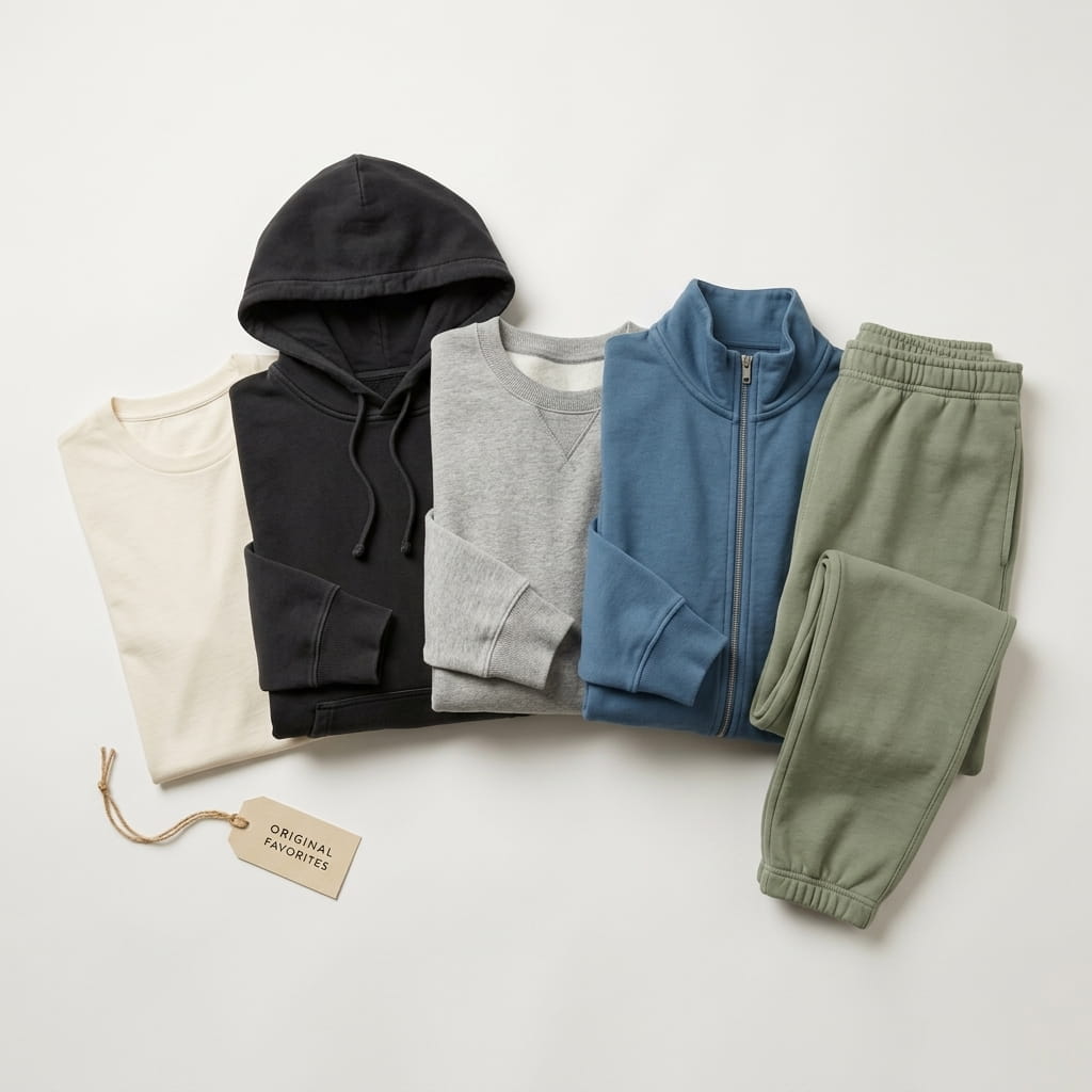 Original Favorites 5-piece flat-lay — Supima cotton crew tee, organic-cotton pullover hoodie, organic-cotton crewneck, Ocean organic-cotton zip-up hoodie, and Ocean organic-cotton sweatpant on a clean studio background