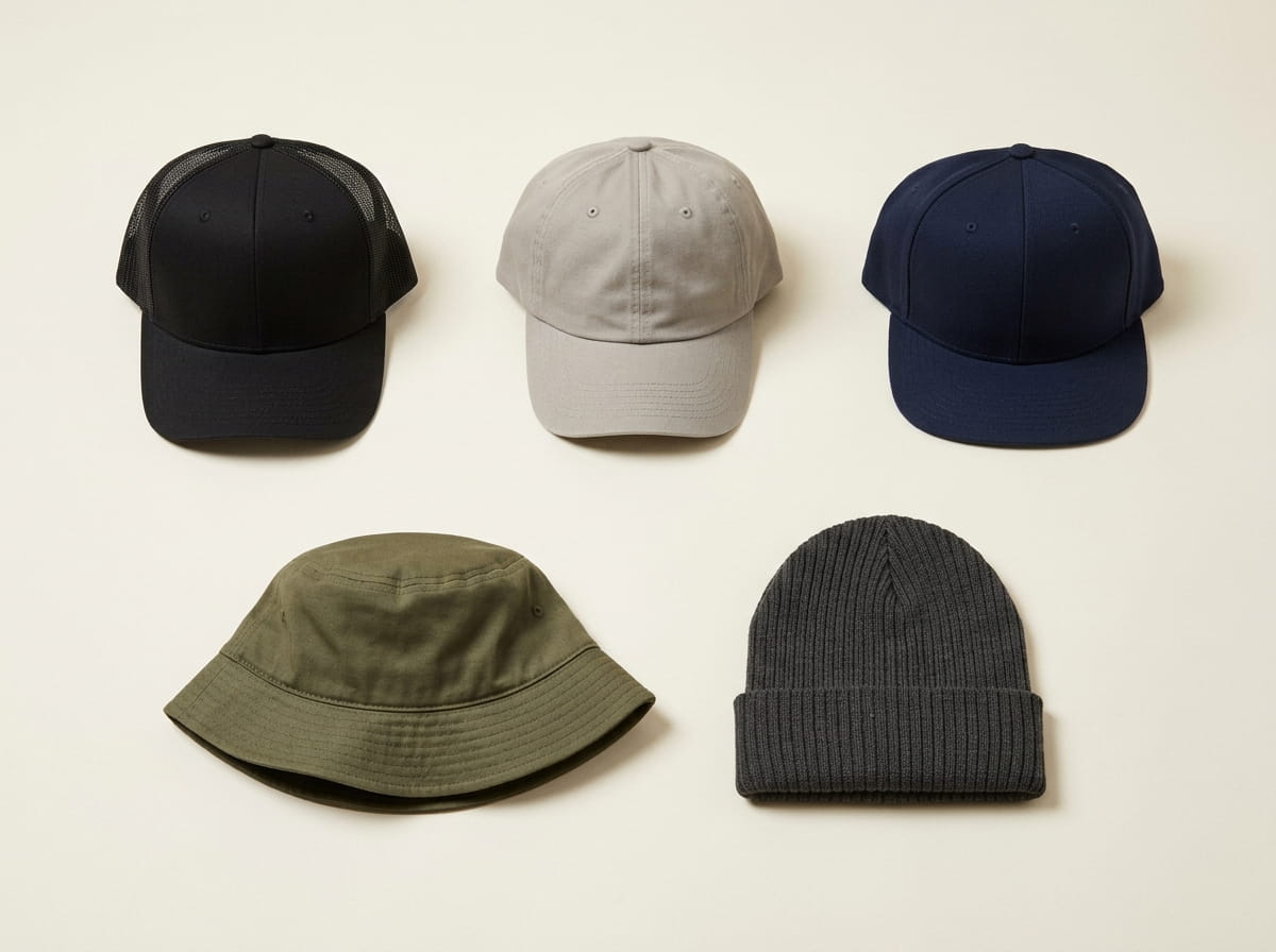 OTTO range — Mesh-Back Trucker, Dad Hat, Snapback, Bucket Hat, and Knit Beanie in a 3-2 grid flat-lay