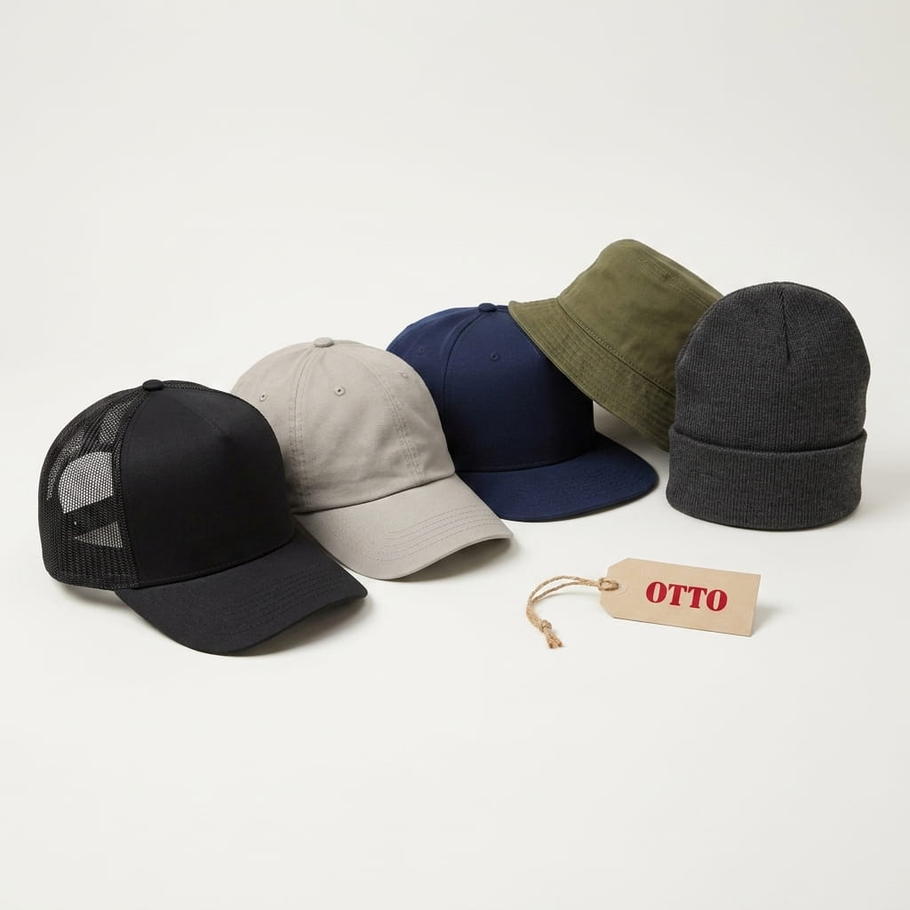 OTTO 5-piece flat-lay — mesh-back trucker, dad hat, snapback, bucket hat, and cuffed knit beanie on a clean studio background