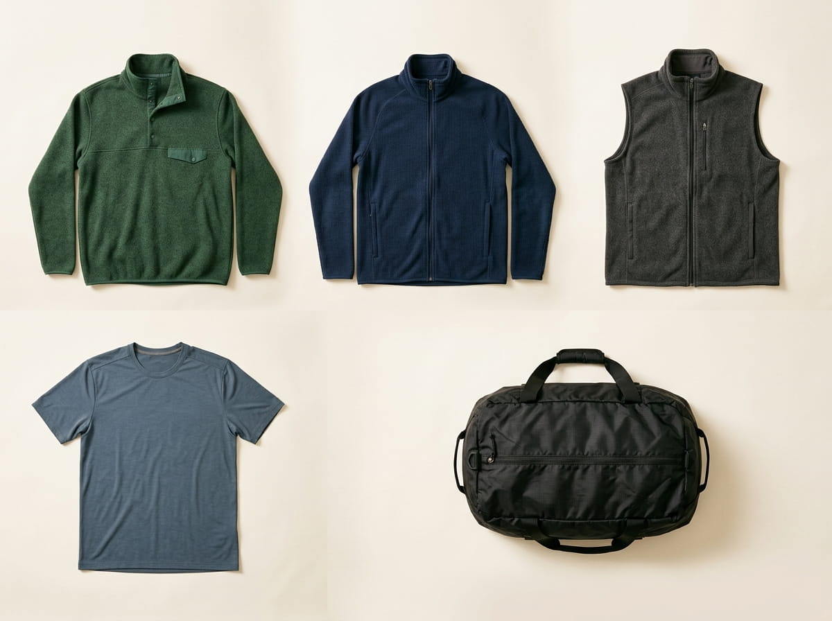Patagonia range — Recycled Fleece Pullover, Full-Zip Fleece Jacket, Fleece Vest, Performance Tee, and Ripstop Duffel Bag in a 3-2 grid flat-lay