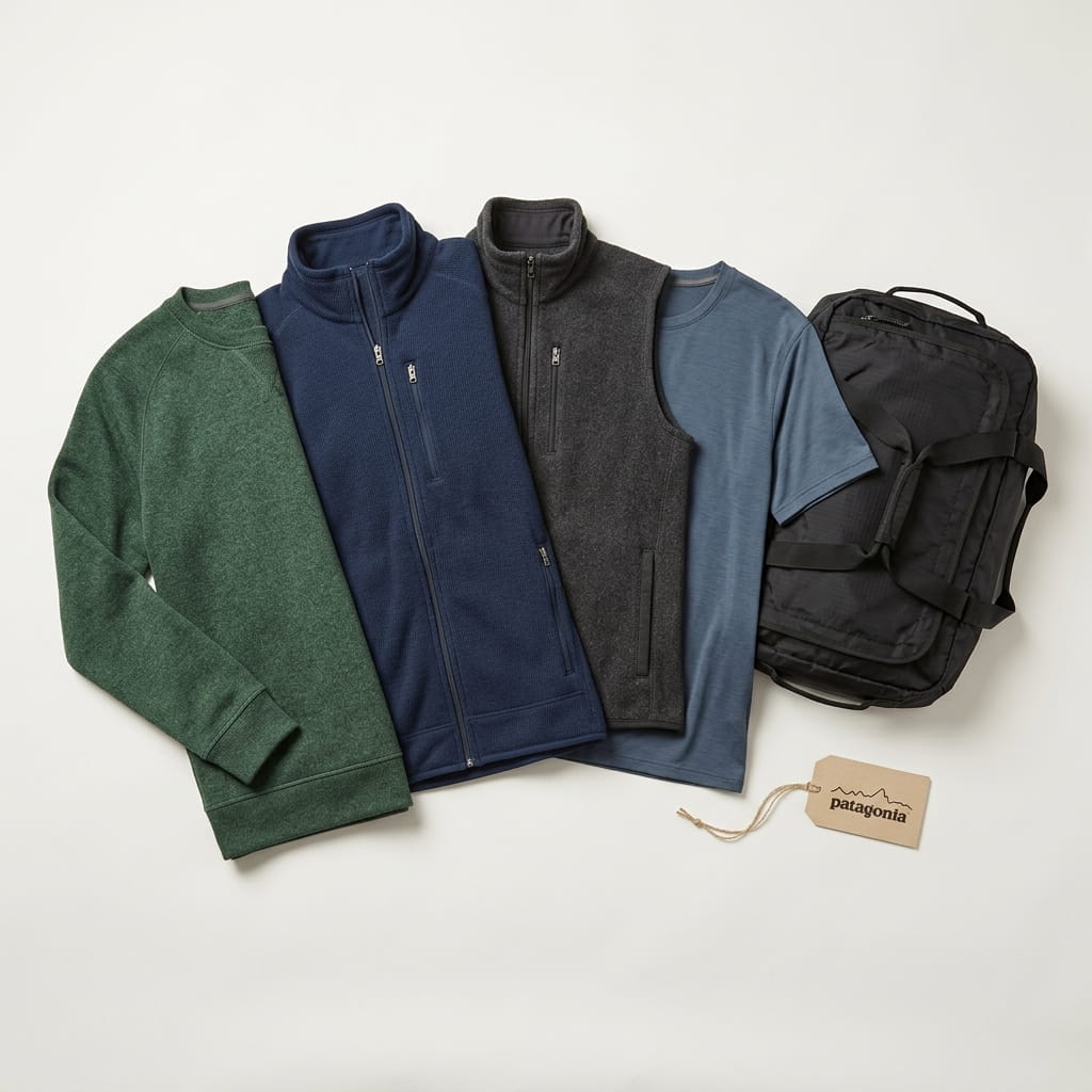 Patagonia 5-piece flat-lay — recycled fleece pullover, full-zip fleece jacket, fleece vest, performance tee, and ripstop duffel bag on a clean studio background