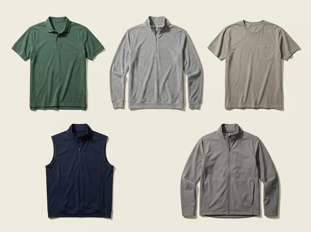 Peter Millar range — Performance Pique Polo, Perth Quarter-Zip, Lava Wash Pocket Tee, Performance Quarter-Zip Vest, and Hybrid Shell Jacket in a 3-2 grid flat-lay