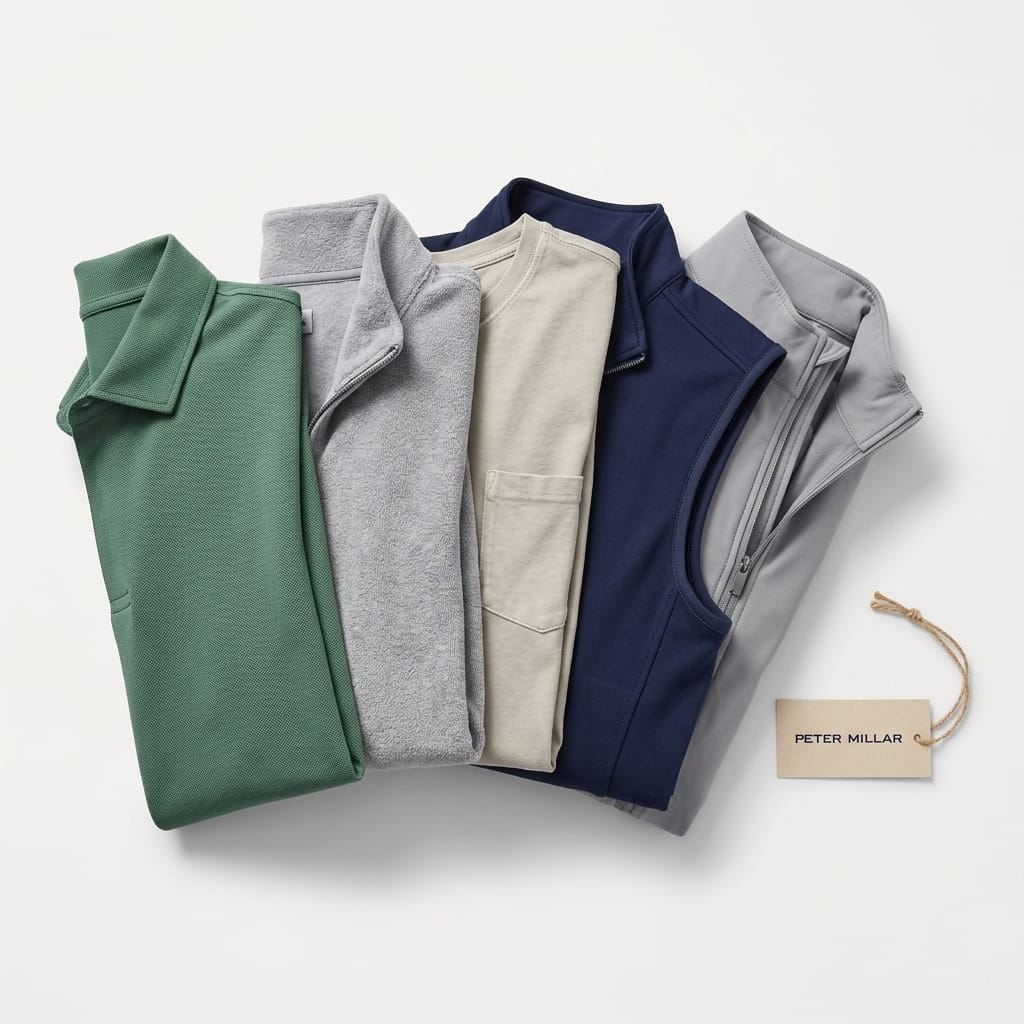 Peter Millar 5-piece flat-lay — performance pique polo, Perth performance-knit quarter-zip, lava-wash cotton pocket tee, performance quarter-zip vest, and hybrid shell jacket on a clean studio background