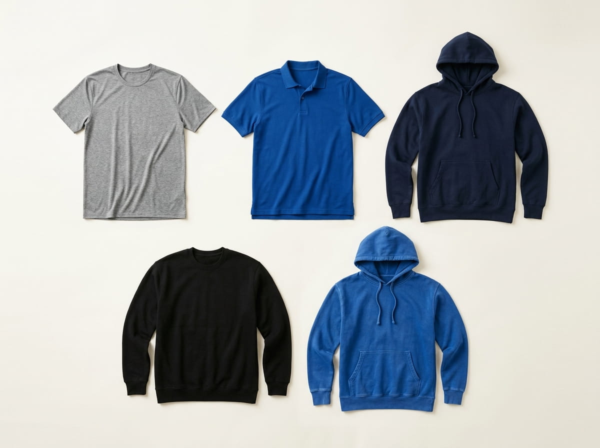 Port & Company range — Performance Tee, Core Blend Pique Polo, Fan Favorite Fleece Hoodie, Core Fleece Crewneck, and Beach Wash Garment-Dyed Hoodie in a 3-2 grid flat-lay