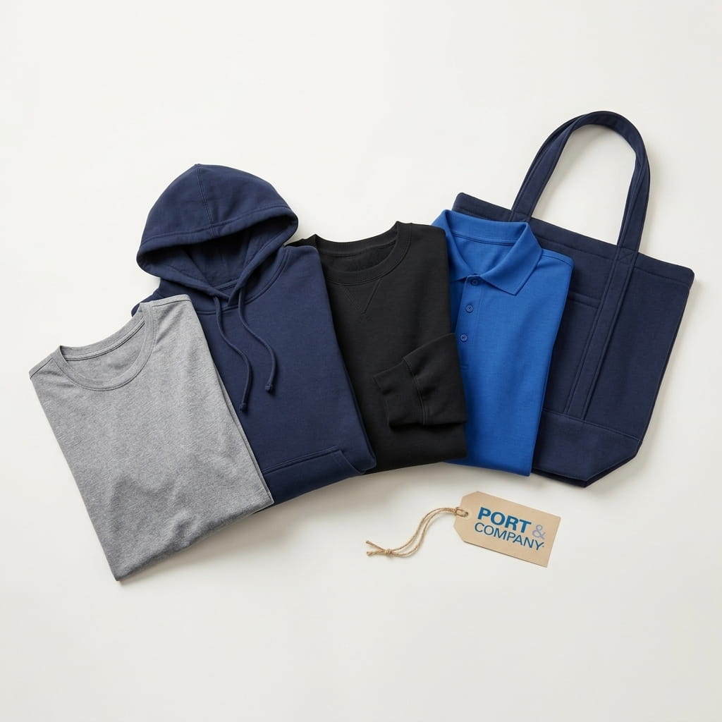 Port & Company 5-piece flat-lay — Performance tee, Fan Favorite fleece pullover hoodie, Core fleece crewneck, Core Blend pique polo, and Core Fleece sweatshirt tote on a clean studio background