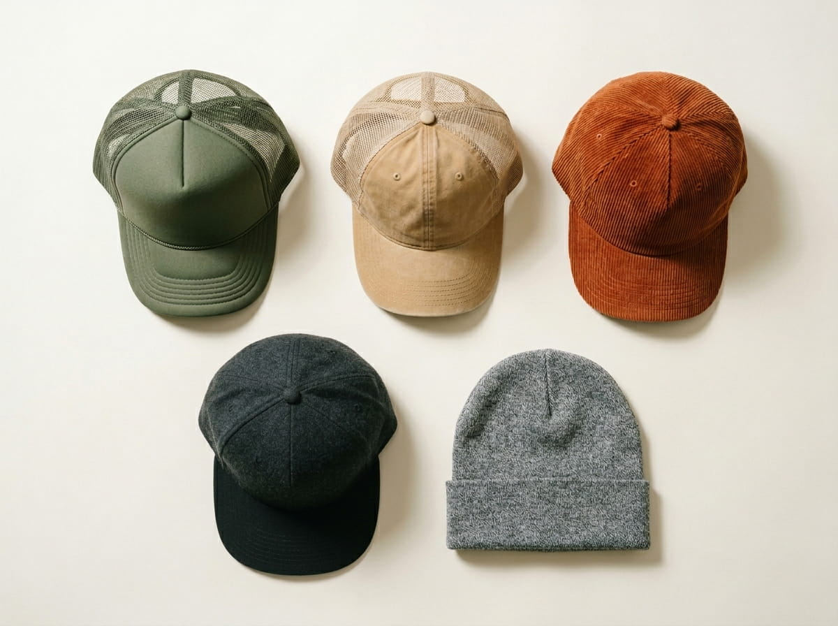 Richardson range — Foam-Front Trucker, Garment-Washed Trucker, Corduroy Cap, Wool-Blend Flat-Bill, and Cuffed Knit Beanie in a 3-2 grid flat-lay