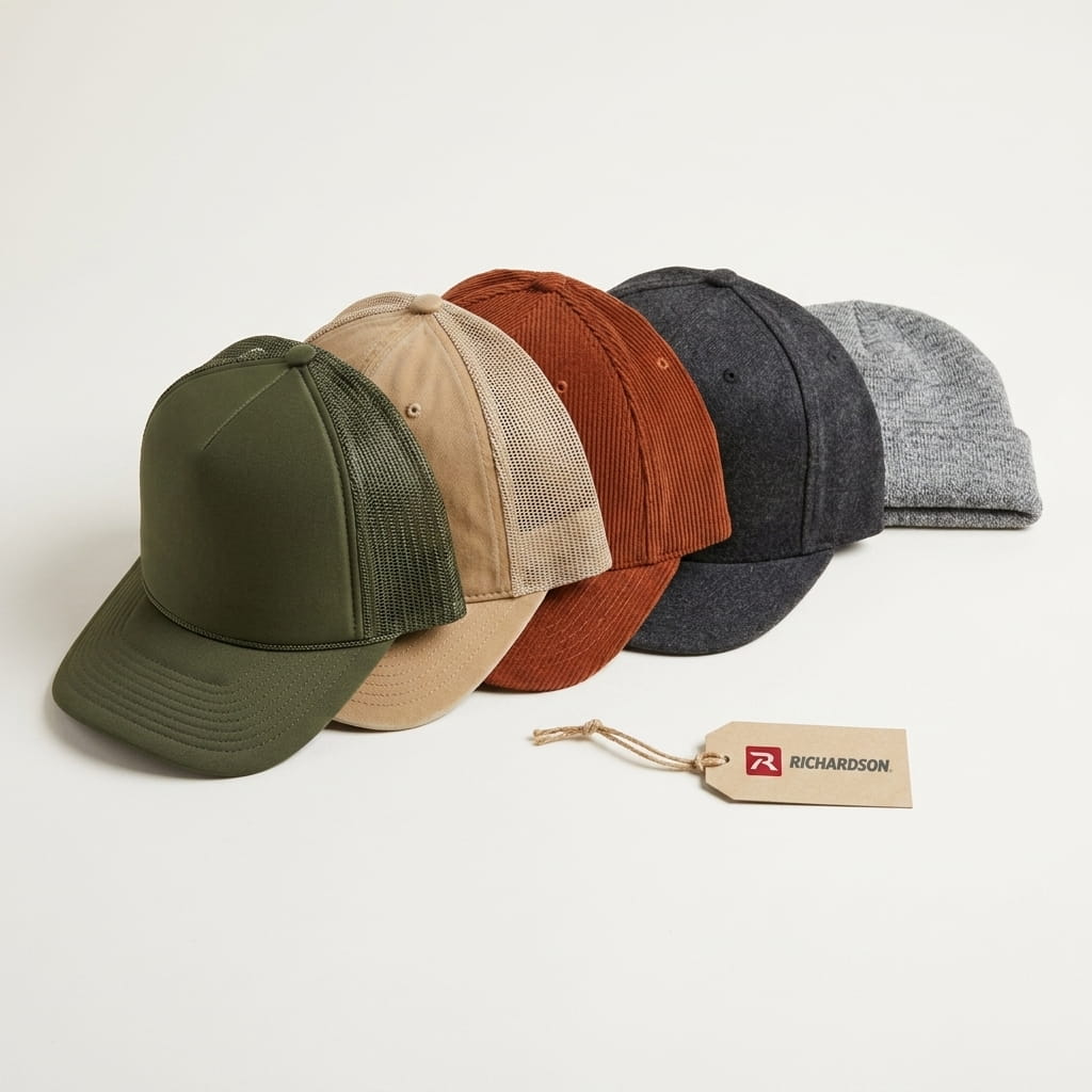 Richardson 5-cap flat-lay — foam-front trucker, garment-washed twill trucker, corduroy cap, wool-blend flat-bill, and cuffed knit beanie on a clean studio background