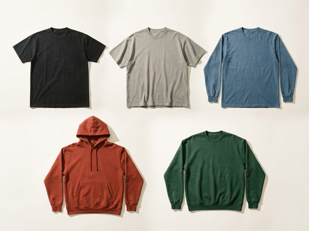 Shaka Wear range — Max Heavyweight Tee, Garment-Dyed Drop-Shoulder Tee, Heavyweight Long-Sleeve, Heavy Fleece Pullover Hoodie, and Heavy Fleece Crew in a 3-2 grid flat-lay