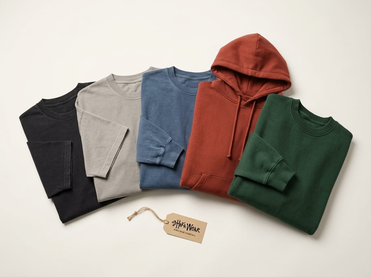 Shaka Wear 5-piece flat-lay — Max Heavyweight tee, garment-dyed drop-shoulder tee, heavyweight long-sleeve, heavy fleece pullover hoodie, and heavy fleece crew on a clean studio background