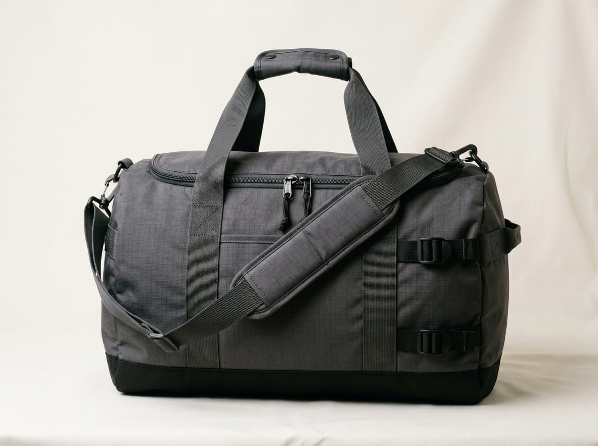 Custom specialty bag anatomy — twin webbing handles, removable shoulder strap, front panel, YKK main zipper + side panels, and end-cap reinforced base