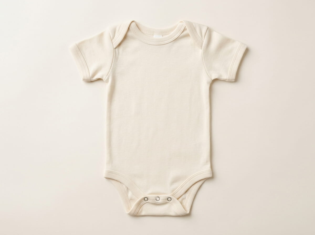 Custom toddler + infant apparel anatomy — crewneck or lap-shoulder neckline, front chest panel, set-in short sleeve, soft cotton baby-rib construction, snap-closure crotch bottom