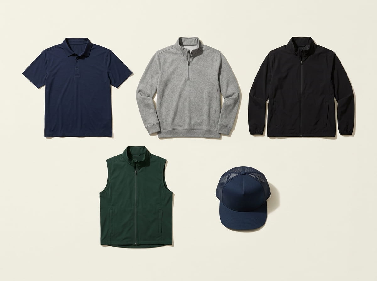 TravisMathew range — Oceanside Performance Polo, Newport 1/4-Zip Fleece, Surfside Full-Zip Jacket, Cold Bay Vest, and Cruz Trucker Cap in a 3-2 grid flat-lay