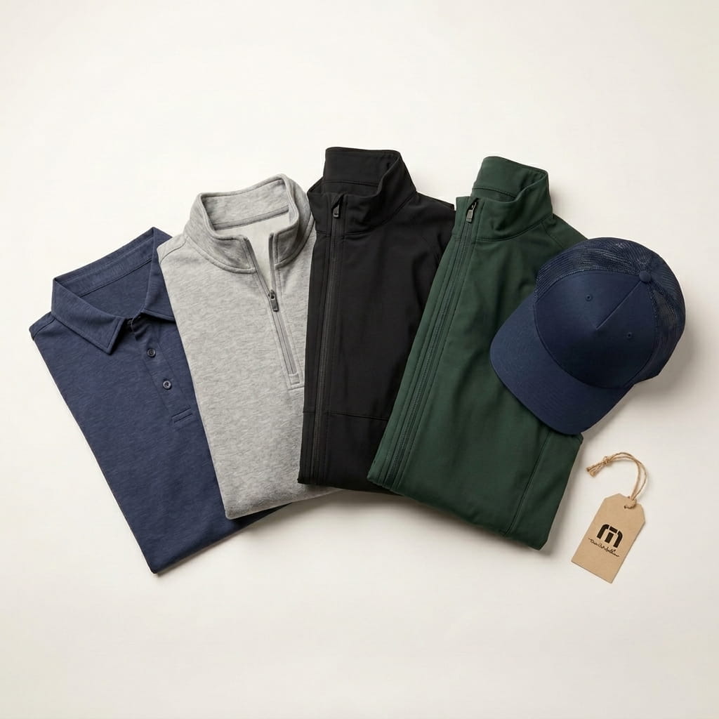 TravisMathew 5-piece flat-lay — Oceanside performance polo, Newport 1/4-zip fleece, Surfside full-zip jacket, Cold Bay vest, and Cruz trucker cap on a clean studio background