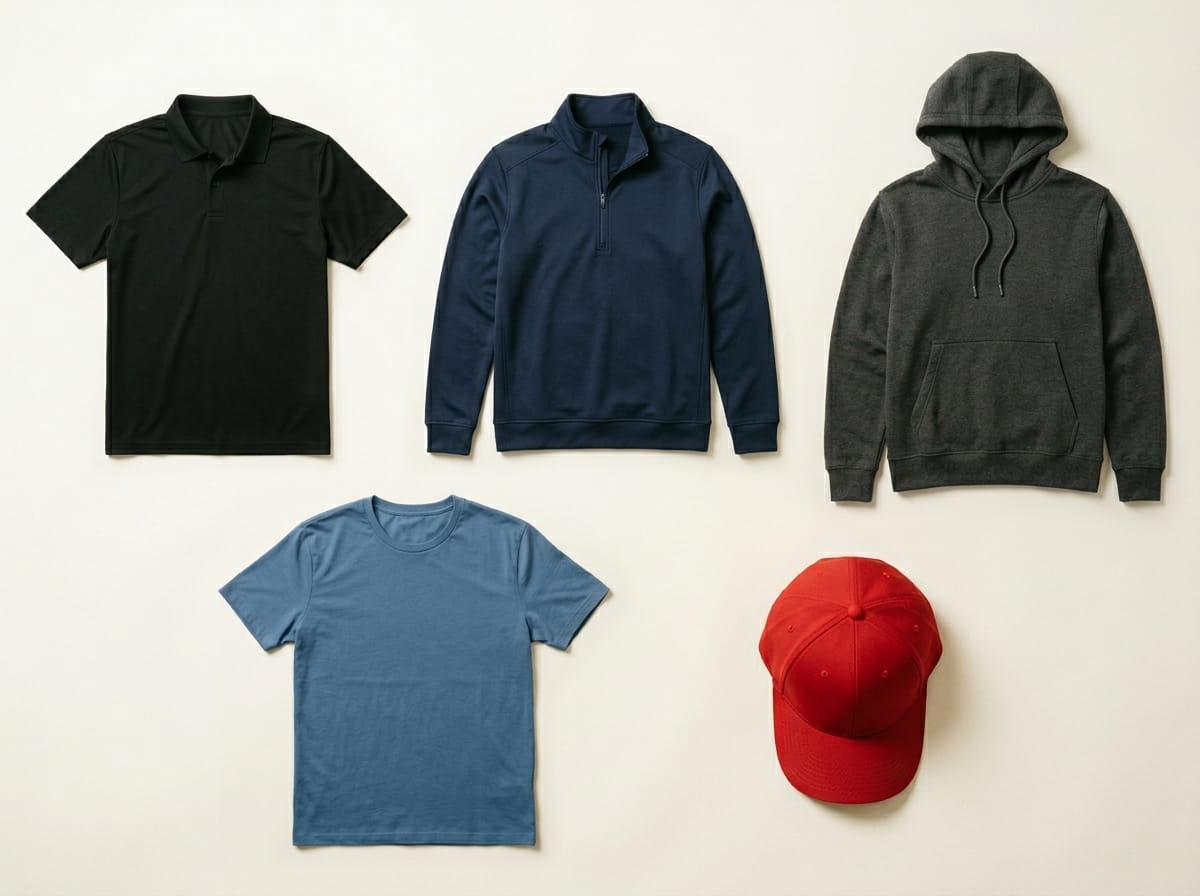 Under Armour range — Performance Polo, Performance Quarter-Zip, Brushed-Fleece Hoodie, Performance Cotton Tee, and Performance Cap in a 3-2 grid flat-lay