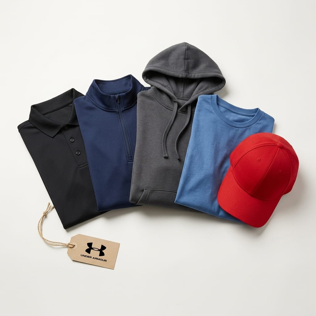Under Armour 5-piece flat-lay — performance polo, performance quarter-zip, brushed-fleece hoodie, performance cotton tee, and performance cap on a clean studio background