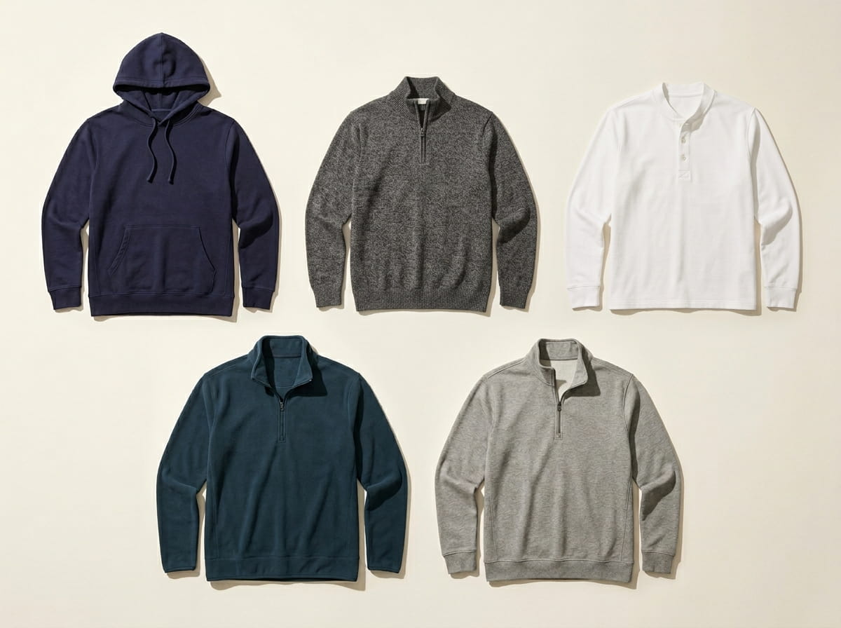 Vineyard Vines range — Vineyard Terry Hoodie, Sankaty Quarter-Zip, Dreamcloth Shep Shirt, Harbor Fleece Quarter-Zip, and Dreamcloth Relaxed Shep Quarter-Zip in a 3-2 grid flat-lay