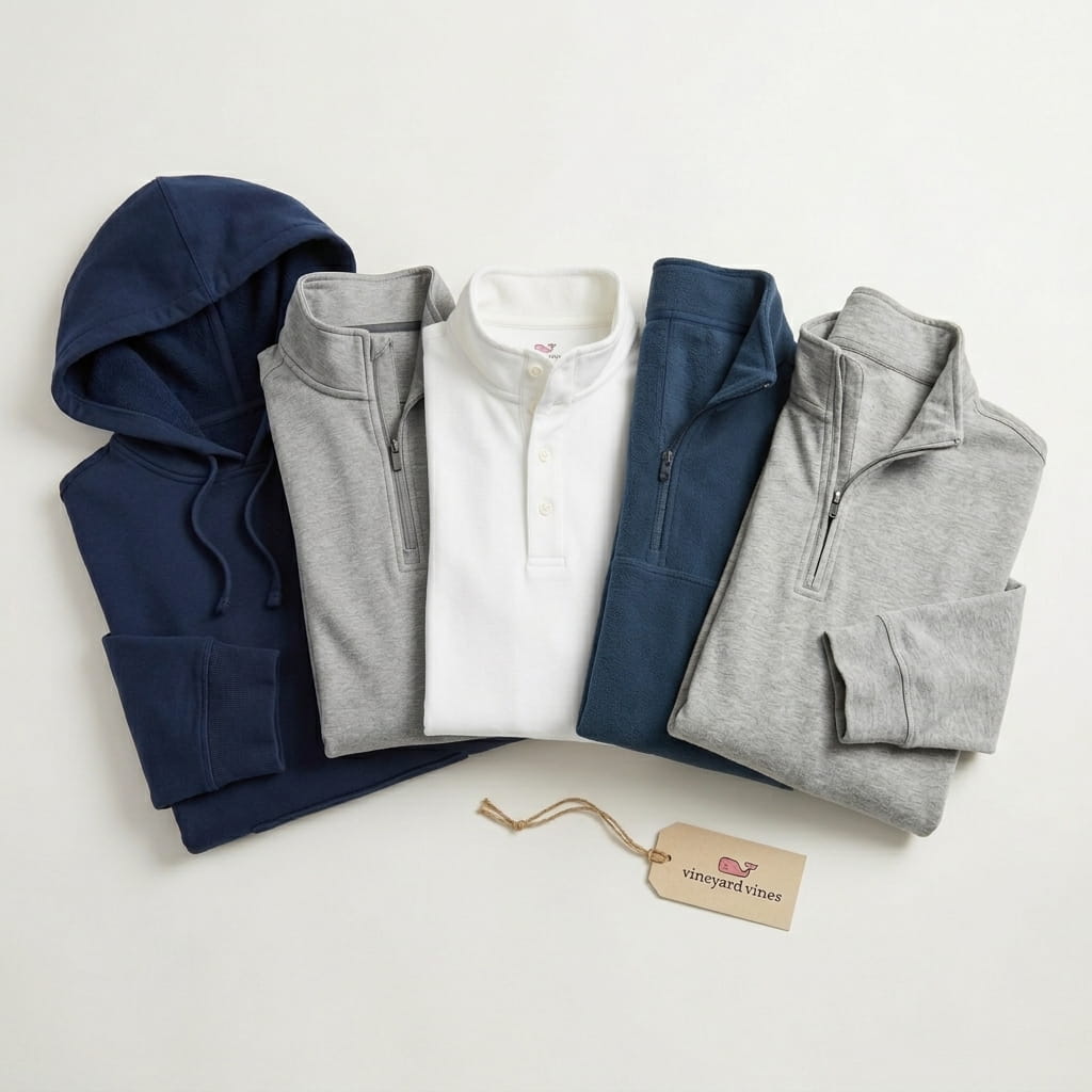 Vineyard Vines 5-piece flat-lay — Vineyard Terry hoodie, Sankaty quarter-zip, Dreamcloth shep shirt, Harbor fleece quarter-zip, and Dreamcloth relaxed shep quarter-zip on a clean studio background