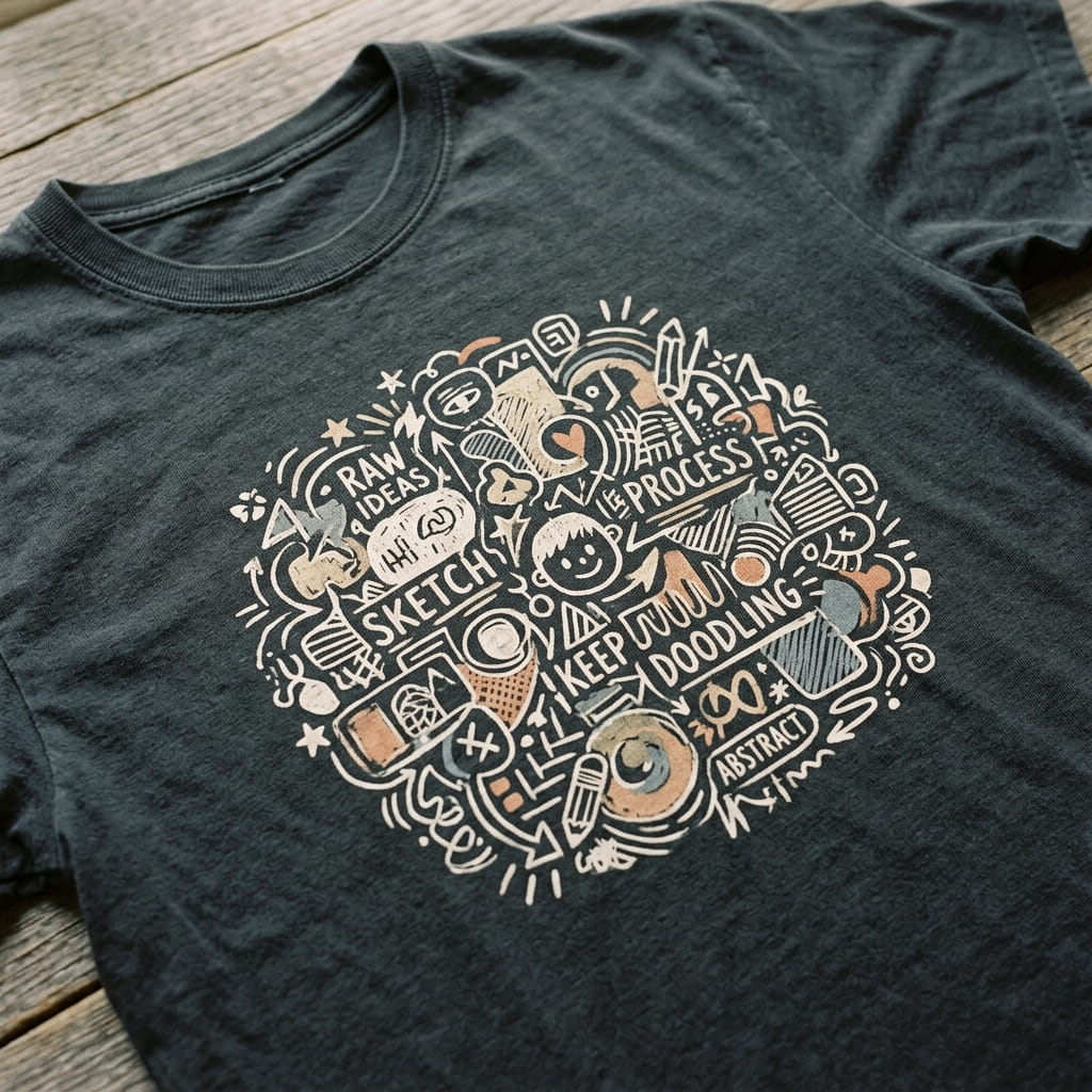 Close-up of a soft discharge print on a dark cotton t-shirt