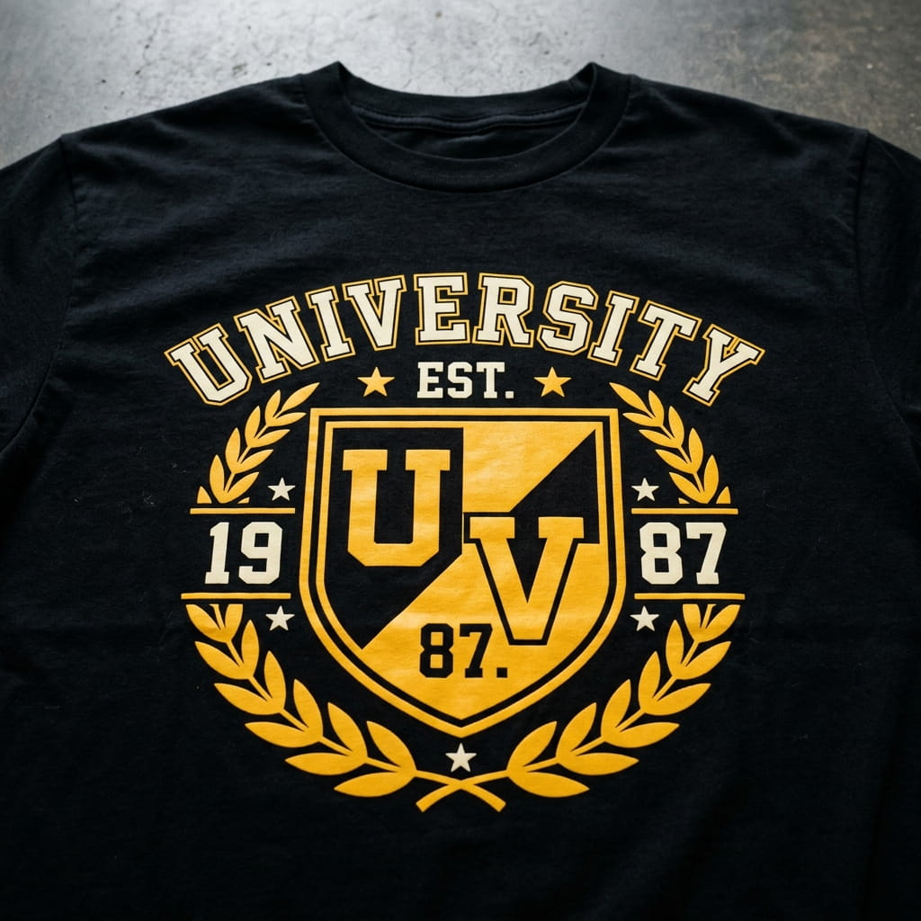 Close-up of a bold opaque plastisol print on a black t-shirt