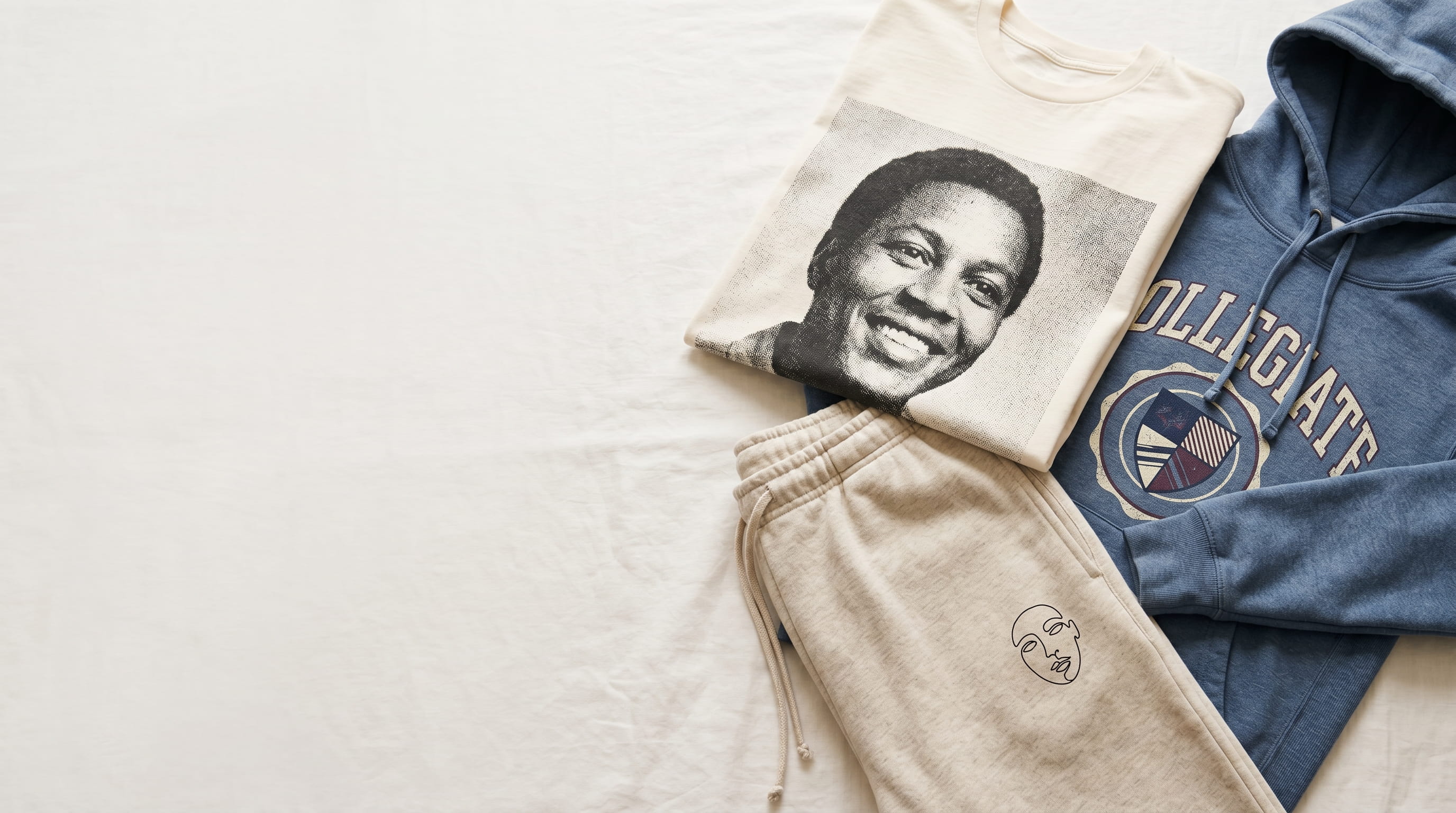 Soft, soaked-in water-based screen prints on a t-shirt, hoodie, and sweatpants