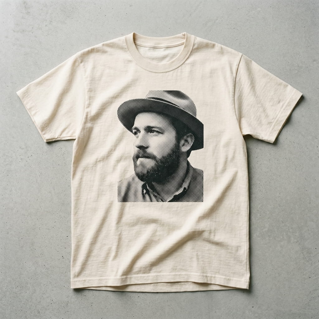 Soft soaked-in water-based screen print on a cotton t-shirt