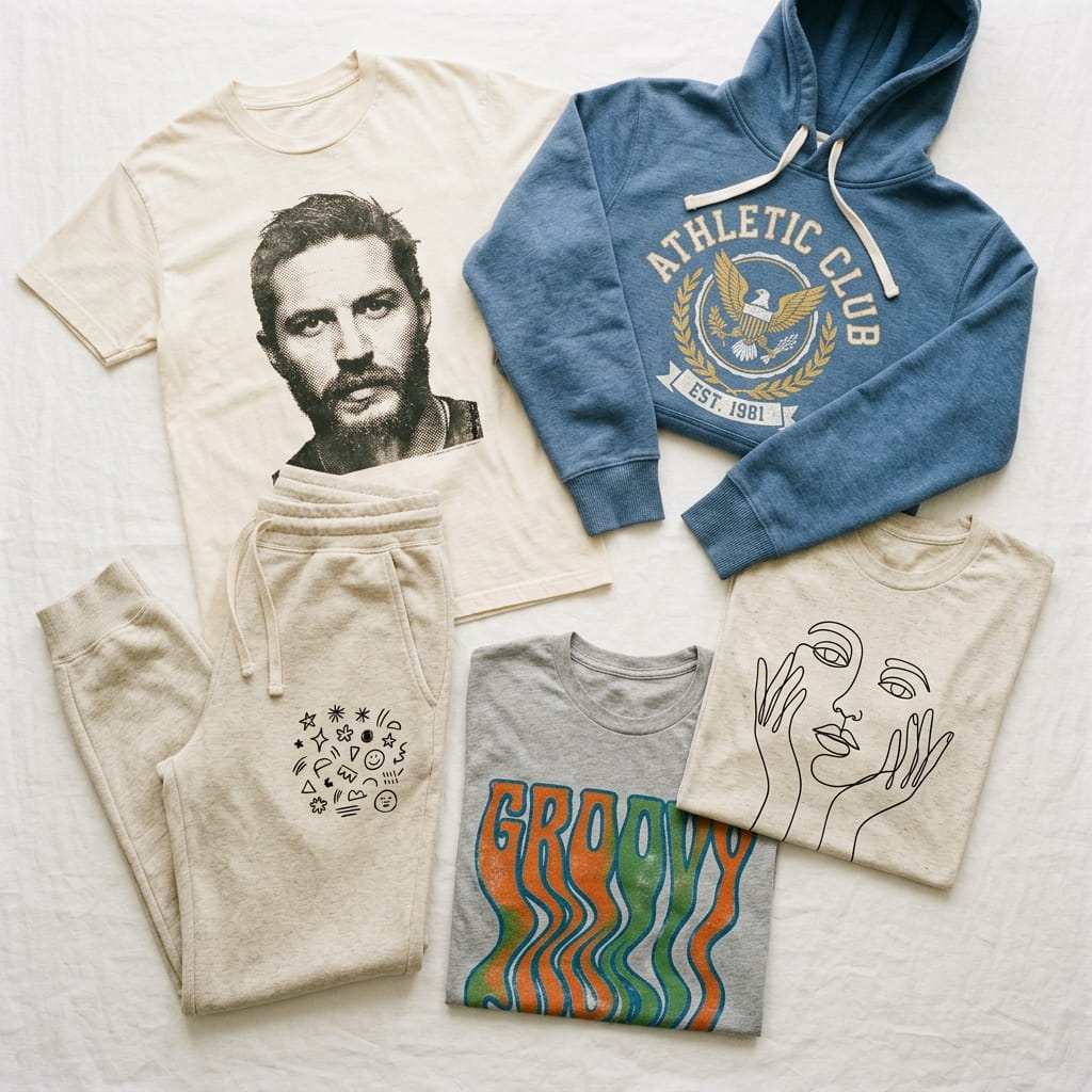 Flat-lay of soft soaked-in water-based-printed tees, hoodies, and sweatpants