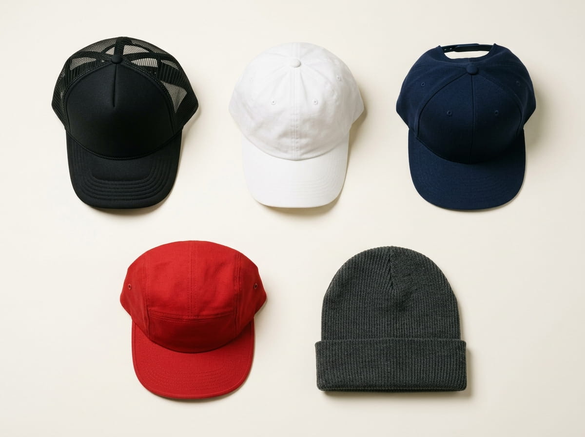 Yupoong range — Retro Trucker, Dad Hat, Snapback, 5-Panel Cap, and Knit Beanie in a 3-2 grid flat-lay