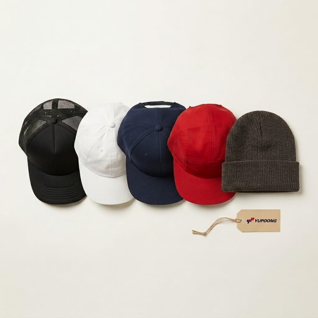 Yupoong 5-piece flat-lay — foam-front trucker, dad hat, snapback, 5-panel cap, and cuffed knit beanie on a clean studio background