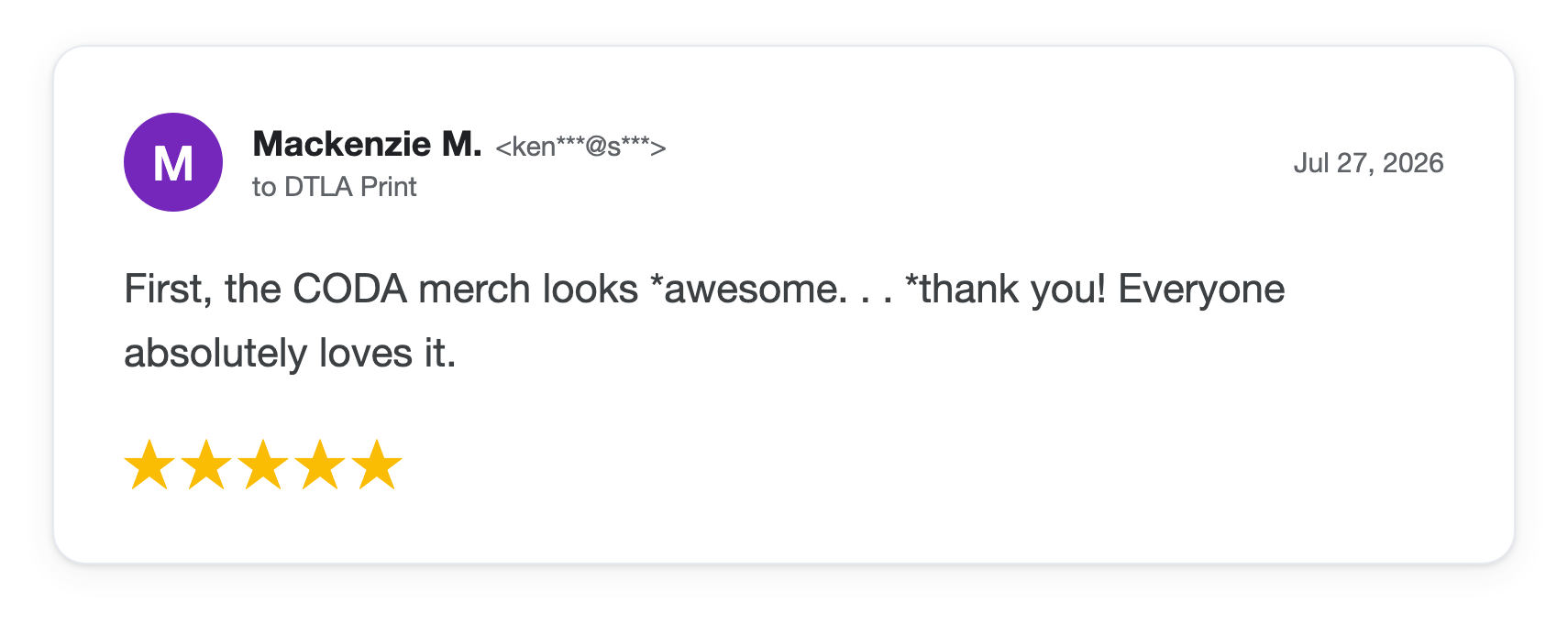 Five-star DTLA Print customer review from Mackenzie M