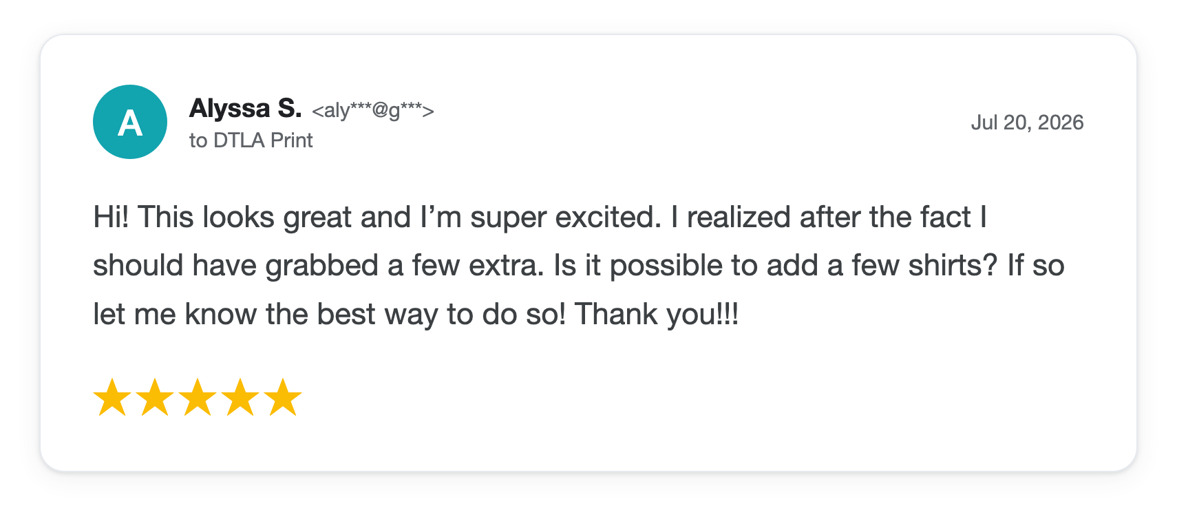 Five-star DTLA Print customer review from Alyssa S