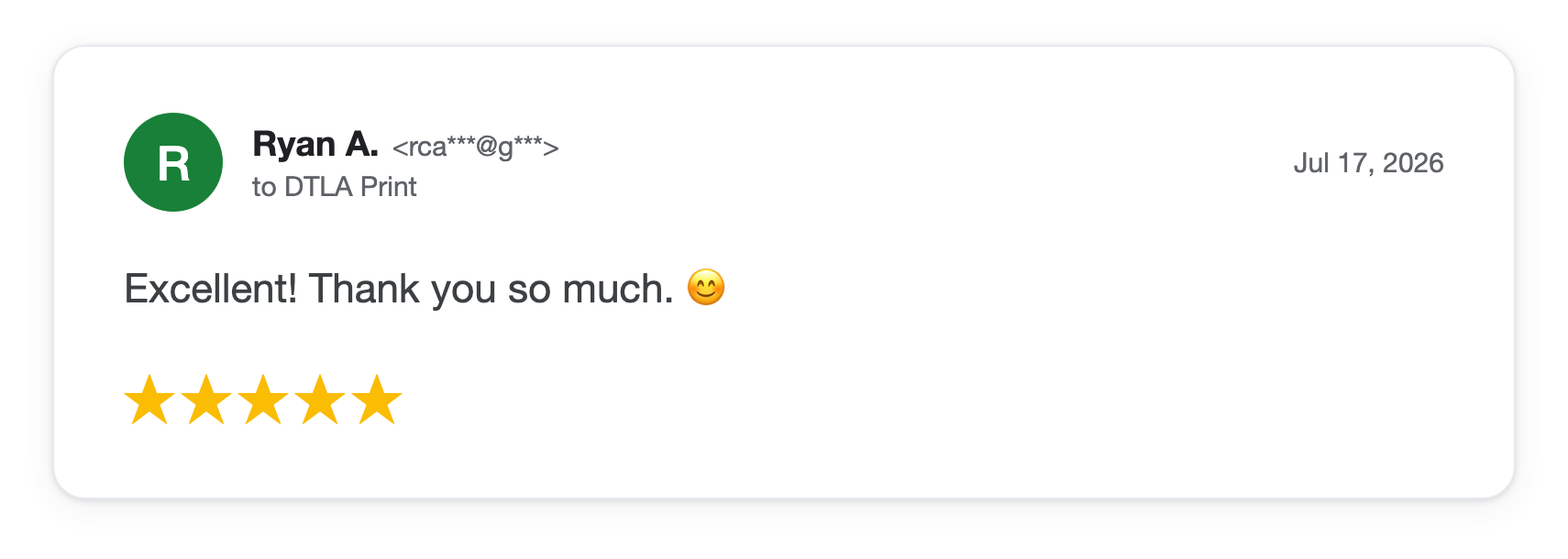 Five-star DTLA Print customer review from Ryan A