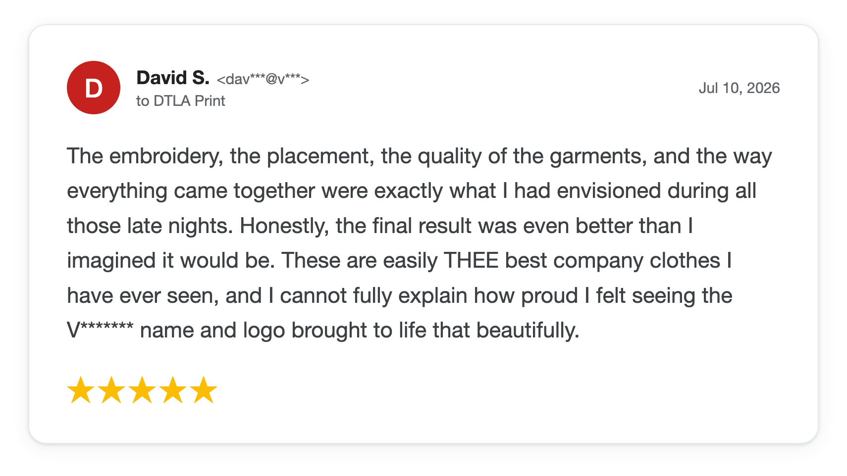 Five-star DTLA Print customer review from David S