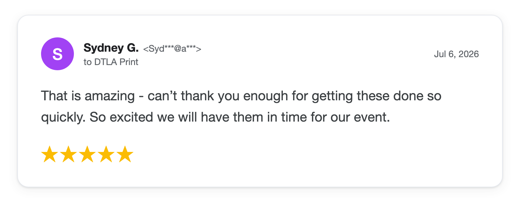 Five-star DTLA Print customer review from Sydney G