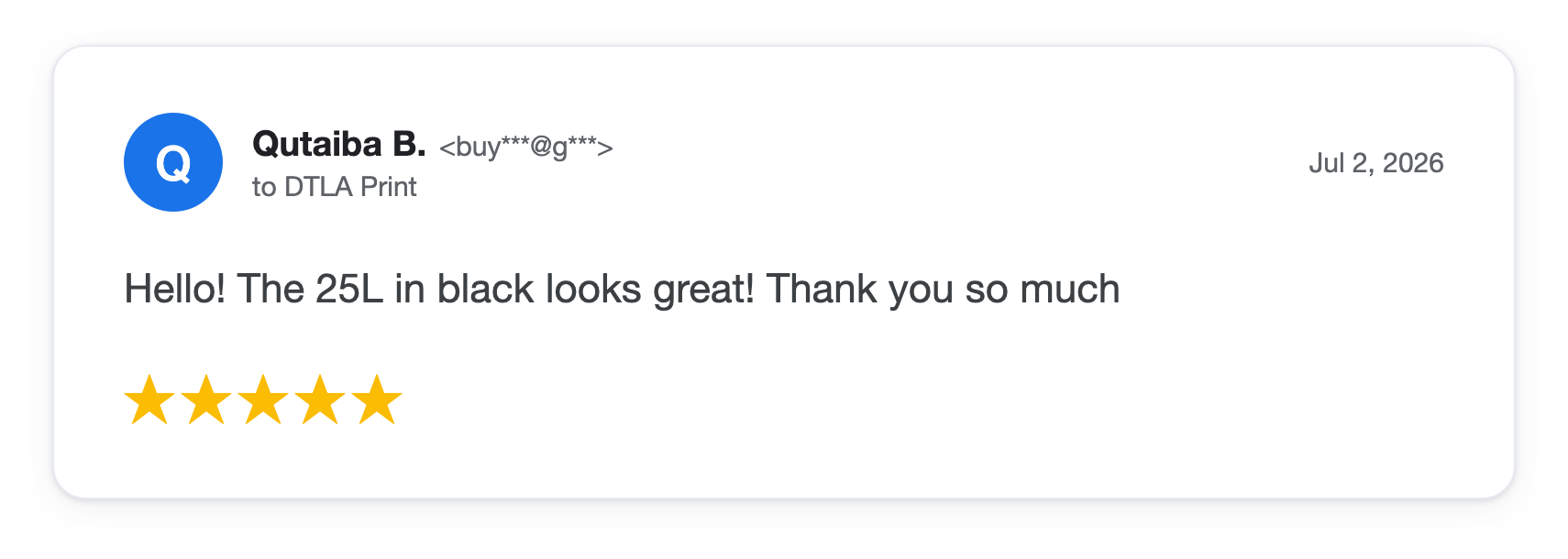 Five-star DTLA Print customer review from Qutaiba B