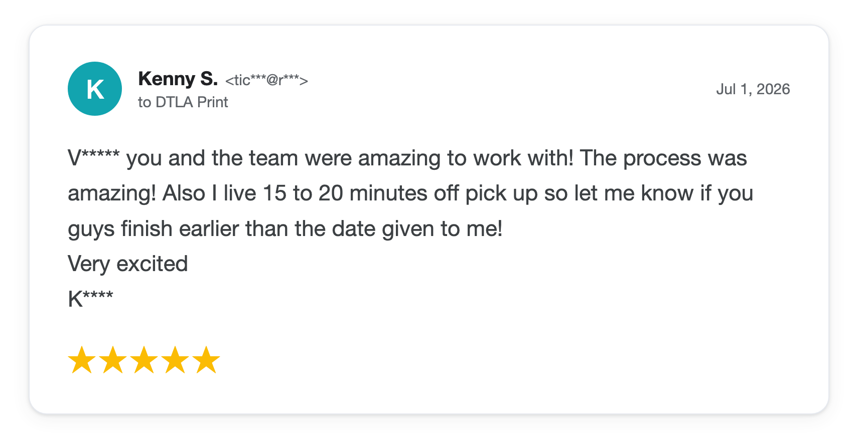 Five-star DTLA Print customer review from Kenny S
